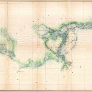 May include: A vintage map of the Gulf of Mexico, showing the coastline and waterways of the region. The map is printed in black and white on a cream-colored paper. The map is titled "U.S. Coast Survey, Chart No. 1, Gulf of Mexico, showing the entrance to the Gulf of Mexico, and the coast of the Gulf of Mexico, from the Mississippi River to the Rio Grande River, 1855."