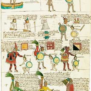 May include: An illustrated page from the Florentine Codex, a 16th-century document depicting the history and culture of the Aztecs. The page features four scenes, each with a caption in Spanish and Nahuatl. The scenes depict various aspects of Aztec life, including warfare, religion, and daily activities. The illustrations are colourful and detailed, and they provide valuable insights into the Aztec world.
