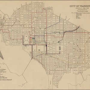 Plakat, viele Größen erhältlich; Karte der Telegraphenlinien In Washington DC 1880