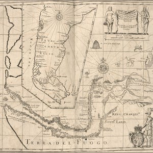 May include: A vintage map of the southern tip of South America, showing the Strait of Magellan and the surrounding islands. The map is titled "Terra del Fuego" and includes text in Latin and English. The map is printed on a cream-colored paper with brown ink.