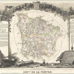 Plakat, viele Größen erhältlich; 1852 Levasseur Karte der Abteilung De La Nievre, Frankreich (Bordeaux oder Bourgogne Wein Region)