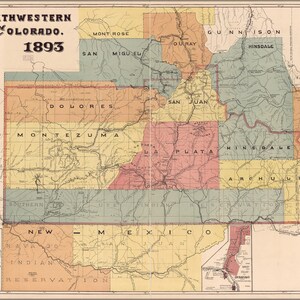 Affiche, beaucoup de tailles disponibles ; Carte du sud-ouest du Colorado 1893