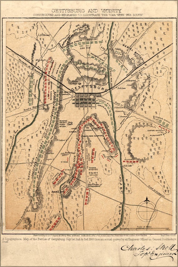 Many Sizes; Map Of Battle Field Of Gettysburg Poster First Day 1863