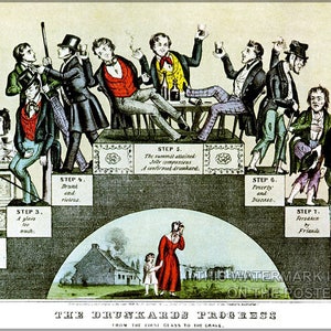 May include: A vintage lithograph depicting the "Drunkenards Progress" from the first glass to the grave. The image shows a series of steps, each representing a stage of alcoholism, with men in various states of intoxication. The final step shows a man lying dead in a coffin.