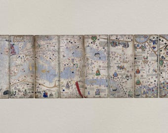 May include: A detailed, hand-drawn map of the world, created in the 15th century. The map is divided into sections, each depicting a different region of the world. The map is drawn in a variety of colours, including blue, green, red, and yellow. The map is a valuable historical artefact that provides insight into the world as it was known in the 15th century.