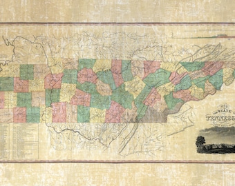 May include: An antique map of Tennessee, featuring a detailed depiction of the state's counties in various colors. The map includes rivers, mountains, and the state's name with the date 1820.