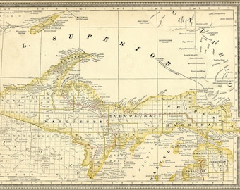 Cartel, muchos tamaños disponibles; Mapa de la Península Alta Michigan 1881