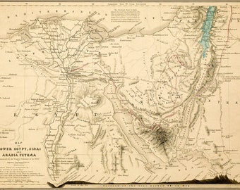 May include: An antique map of Lower Egypt, Sinai, and Arabia Petra, showing the geographical features of the area. The map is printed in black and white with red and blue accents. The map includes the text "Map of Lower Egypt, Sinai and Arabia Petra" and "Longitude East from Greenwhich".