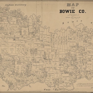 May include: A vintage map of Bowie County, Texas, showing the county's boundaries, roads, and towns. The map is printed on a beige background with black lines and text. The title "MAP OF BOWIE CO. TEXAS" is printed in bold at the top of the map.