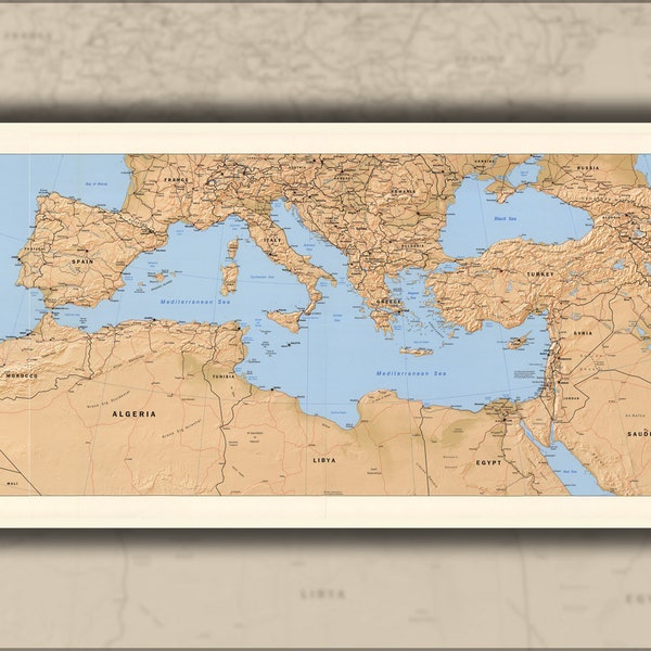 Poster, veel maten beschikbaar; cia kaart van het Middellandse Zeegebied 1998