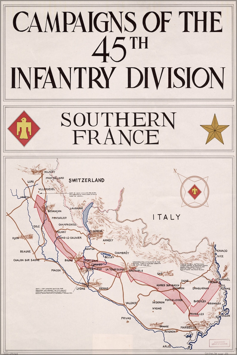Cartel, muchos tamaños disponibles; Mapa de la 45a División de Infantería S Francia 1945 imagen 1