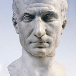 May include: A white marble bust of a man with short, neatly combed hair. The bust depicts the man's head and shoulders, with a serious expression on his face.