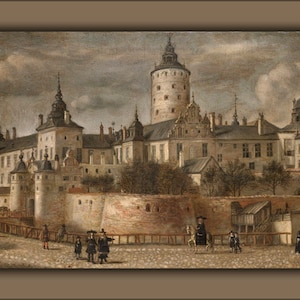 May include: A painting depicting a large, gray stone castle with multiple towers and a tall, central tower. The castle is surrounded by a stone wall and a moat. There are people in the foreground, some on horseback, and others walking.