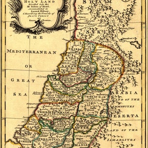 May include: An antique map of the Holy Land, divided into the 12 tribes of Israel. The map is in shades of brown, green, and red, with text in black. The map is titled "An Accurate Map of the Holy Land" and includes a compass rose in the upper right corner.