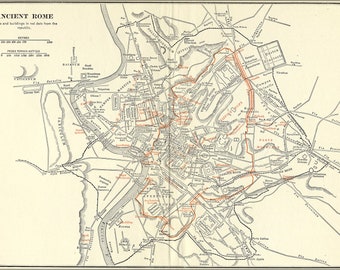 May include: A detailed map of Ancient Rome, showing the city's layout and key landmarks. Places and buildings in red date from the republic. The map includes the River Tiber, the Forum, the Colosseum, and the Pantheon.