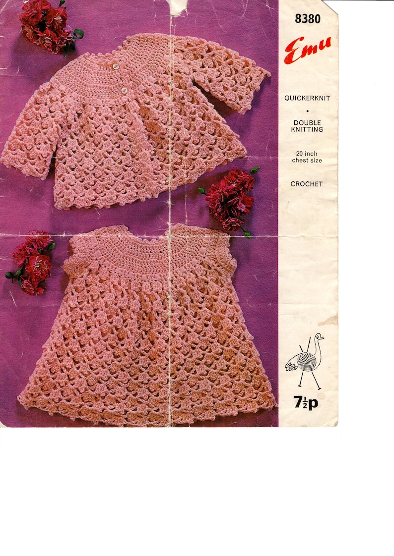 Emu 8380 Vintage Crochet Baby Dress and Jacket Pattern