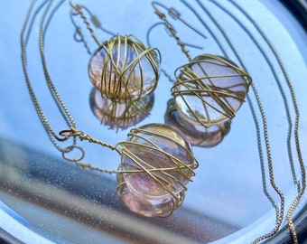 Handgemaakte glazen edelstenen sieradenset - oorbellen en ketting