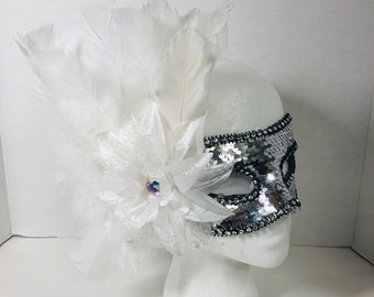 Mardi Gras Mask,White Flowers ,Sequins and Feathers Mask, Womens Carnival Mask, Venetian Mask, Masquerade Ball Mask, Mardi Gras Mask