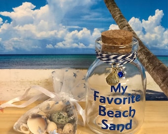 Sand From My Favorite Beach, Glass bottle, Sea Shells, Star fish on shell. Beach Tropical, Beach, Wedding, Beach Party