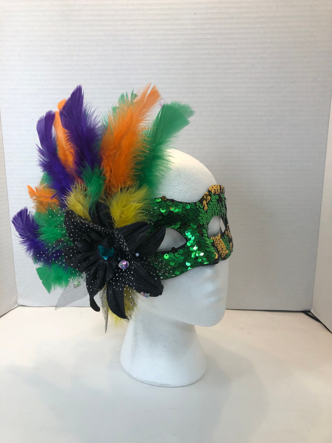 Mardi Gras Mask, Green Sequins and Mixed Colored Feathers Mask, Women's