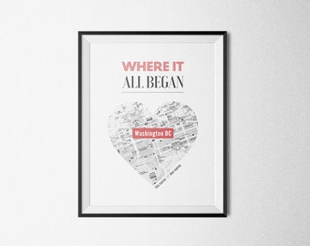 Where it all began. Personalized Map, Heart Map Art, Husband Gift, Unique Wedding Gift, for Couple, Anniversary Gift, Custom City and Name.