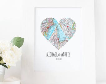 Triangle Map Heart Art, Personalized Map, Husband Gift, Wife Gift, Unique Wedding Gift, for Couple, Anniversary Gift, Heart Map Print.