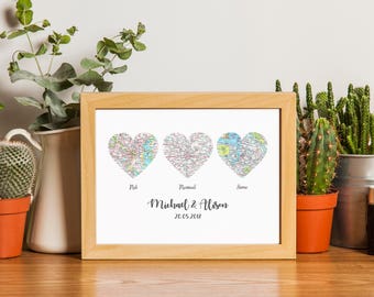 Map Heart Art 3, Personalized Map, Anniversary Print, Wedding Map, Gifts For The Couple, Anniversary Gift, Heart Map Print, Wedding Gift.