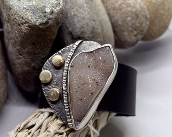 Sterling Silver with Druzy Quartz and Bronze Leather Cuff