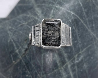 Black Tourmaline Rutile Quartz Statement Ring