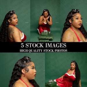 Puede incluir: Cinco im&aacute;genes de archivo de una mujer con un atuendo navide&ntilde;o rojo y blanco sobre un fondo verde. La mujer posa de diferentes maneras, incluyendo sosteniendo una caja de regalo y sonriendo a la c&aacute;mara.