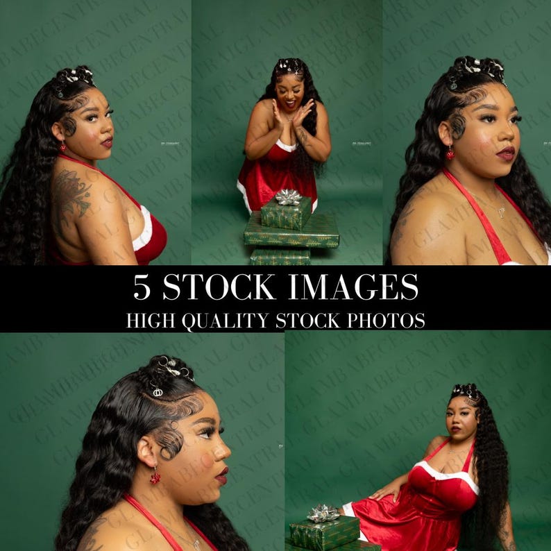 Puede incluir: Cinco im&aacute;genes de archivo de una mujer con un atuendo navide&ntilde;o rojo y blanco sobre un fondo verde. La mujer posa de diferentes maneras, incluyendo sosteniendo una caja de regalo y sonriendo a la c&aacute;mara.