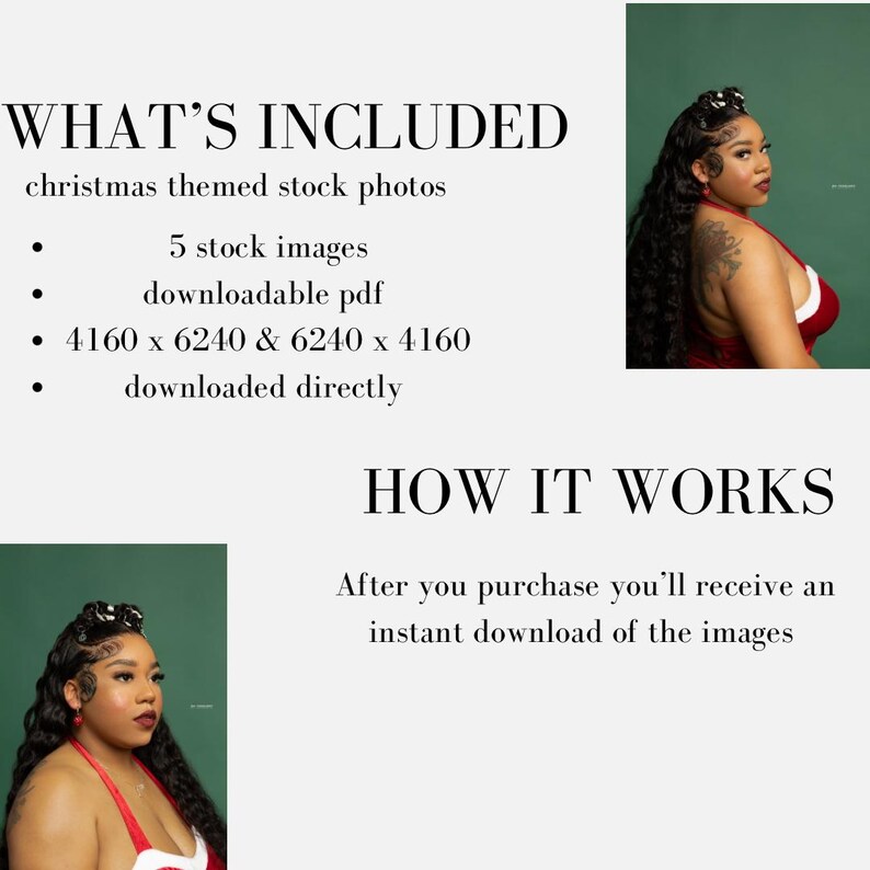 Puede incluir: Una descarga digital de cinco fotos de archivo con tem&aacute;tica navide&ntilde;a que muestran a una mujer con un atuendo rojo. Las fotos est&aacute;n disponibles en dos tama&ntilde;os: 4160 x 6240 p&iacute;xeles y 6240 x 4160 p&iacute;xeles.