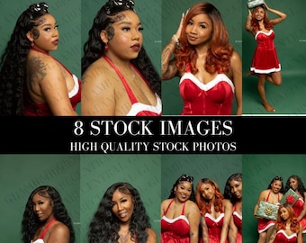 8 fotos de stock de belleza navideña en grupo, en verde y rojo, fotos de stock de cabello, fotos de stock de ropa, fotos de stock de modelos, sesión de fotos navideña