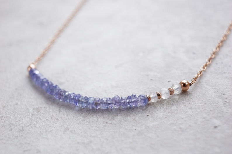 dainty Rainbow Moonstone necklace small beads Beaded Tanzanite and Moonstone necklace rose gold chain choker December birthstone jewelry