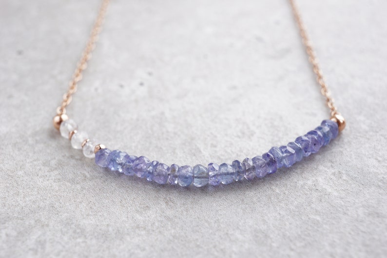 dainty Rainbow Moonstone necklace small beads Beaded Tanzanite and Moonstone necklace rose gold chain choker December birthstone jewelry