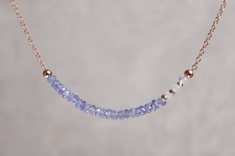 dainty Rainbow Moonstone necklace small beads Beaded Tanzanite and Moonstone necklace rose gold chain choker December birthstone jewelry