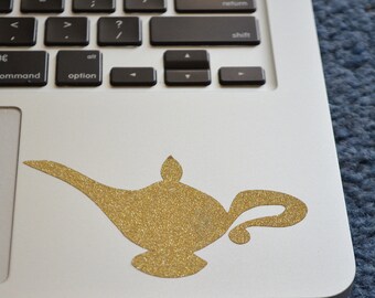 aladdins lamp vinyl decal, gold glitter magic lamp laptop decal, disney laptop decal, disney decal, macbook decal, genie lamp, gypsy