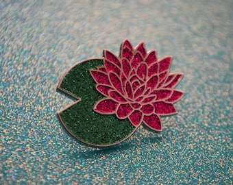 Glitter Water Lily Enamel Pin, Pink Lotus Flower