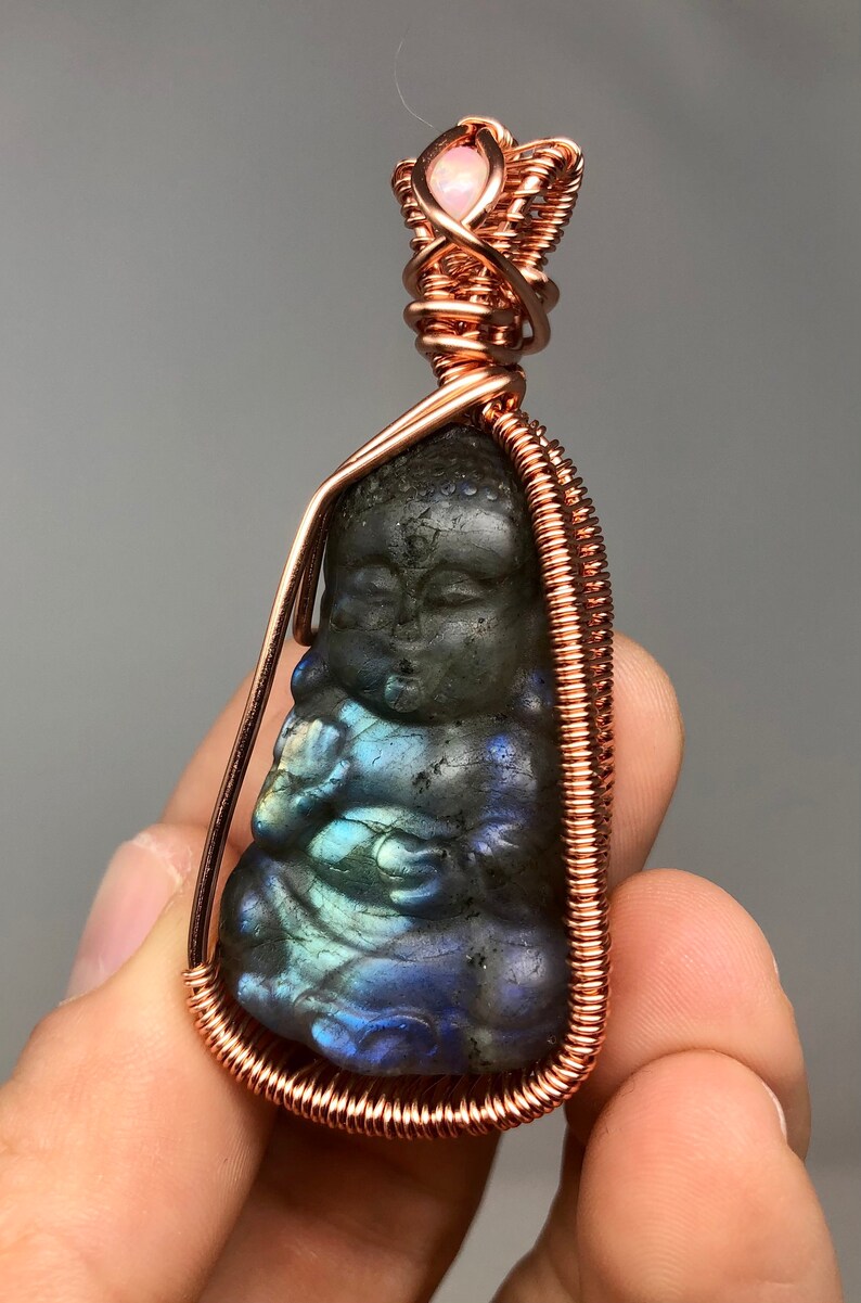 Wire Wrapped Labradorite Buddha Ethiopian Opal Carved Crystal Pendant ~ Magician Stone ~ Communication ~ Psychic Abilities ~ Throat Chakra