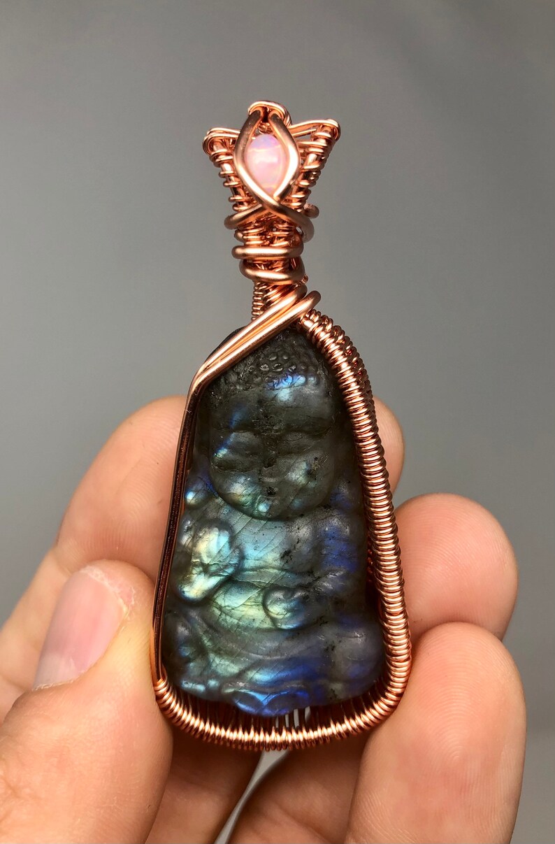 Wire Wrapped Labradorite Buddha Ethiopian Opal Carved Crystal Pendant ~ Magician Stone ~ Communication ~ Psychic Abilities ~ Throat Chakra