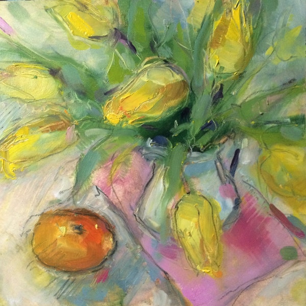 Yellow Tulips - original oil painting on Gessobord - 8" x 8"