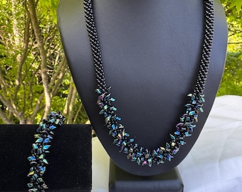 Kumihimo Braided Necklace and Bracelet Set: Black Seed Beads, Variegated Blue Magatamas