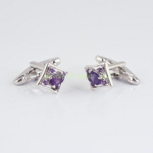 Purple Amethyst Cufflinks- Men&#39;s Cufflinks- 6x4mm Oval Cut Natural Purple Amethyst Gemstone 925 sterling silver cuff links