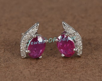 Orecchini a bottone in argento sterling 925 con smeraldi - Orecchini a bottone con rubino a taglio ovale - Orecchini con acquamarina a taglio ovale 7x5mm, Orecchini a bottone con zaffiro blu