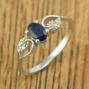 925 Sterling Silver Sapphire Ring - Natural Blue Sapphire Gemstone Ring- 6x4mm Oval Cut Blue Sapphire Gemstone Ring Size US 4 to 8
