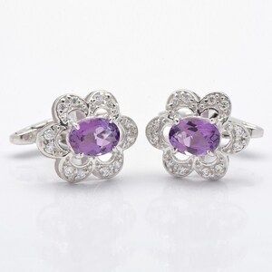 925 Silver Amethyst Floral Cufflinks- 925 Sterling Silver Men&#39;s Cufflinks- Oval Amethyst Gemstone Cuff links- February birthstone Jewelry
