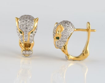 14k White Gold 1.32 carats Natural Diamond Panther Earrings- 14k yellow Gold Huggie Earrings - Natural diamond Panther Stud Earrings Jewelry