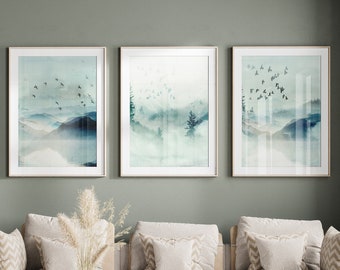 Watercolour Landscape Set of 3 Prints - Green wall art - Abstract Art Prints - Set of 3 Prints - Sage Wall Decor - Modern decor - Mountains