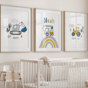 Ensemble de transport de 3 impressions - Décoration de chambre de garçons - Cadeau personnalisé pour bébé - Pépinière de construction de véhicules tracteurs pelles - Impression de salle de jeux - A3 A2