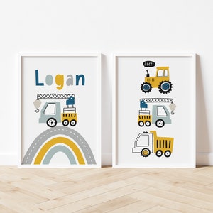 2er Set Transportmittel - Kinderzimmer Poster - Baustellenfahrzeuge - Bagger Poster Kinderzimmer - Spielzimmer Poster - A3